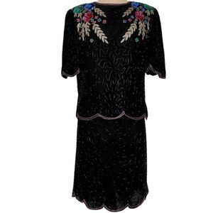 Vintage 100% SILK Scala 1980s Beaded 2pc Skirt Set